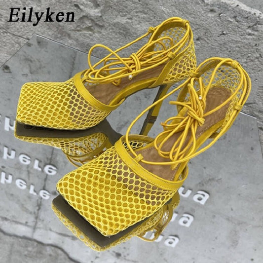 Eilyken 2021 New Sexy Yellow Mesh Pumps Sandals Female Square Toe high heel
