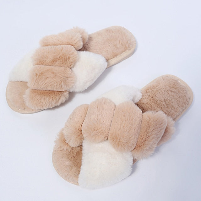 Winter Women House Slippers Faux Fur Fashion Warm Shoes Woman Slip on Flats Female Slides Black Pink cozy home  furry slippers