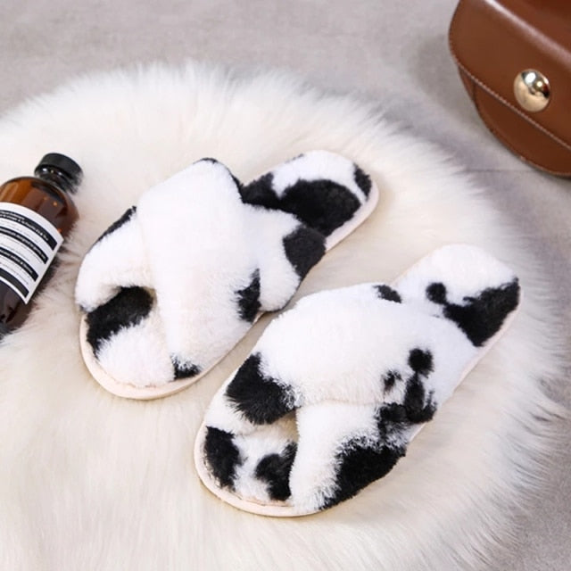 Winter Women House Slippers Faux Fur Fashion Warm Shoes Woman Slip on Flats Female Slides Black Pink cozy home  furry slippers
