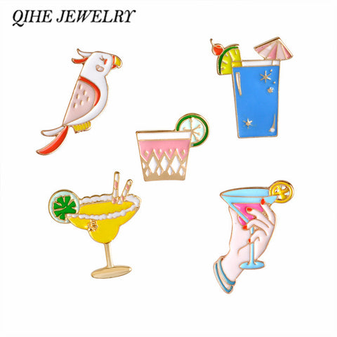 QIHE JEWELRY Cute Colorful Parrot Birds Summer Drink Cocktail Metal Brooch Pins