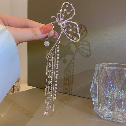 Fashion Crystal Butterfly Clip On Earring Pearl Bead Ear Cuff Long Tassels