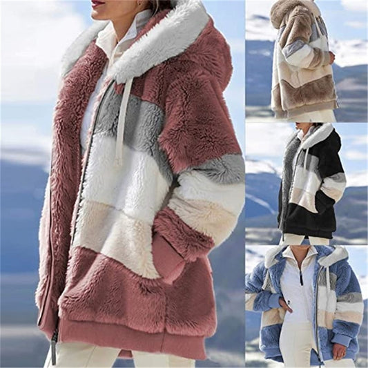 Women Warm Hooded Jacket Winter Zipper Casual Patchwork