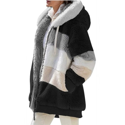 Women Warm Hooded Jacket Winter Zipper Casual Patchwork
