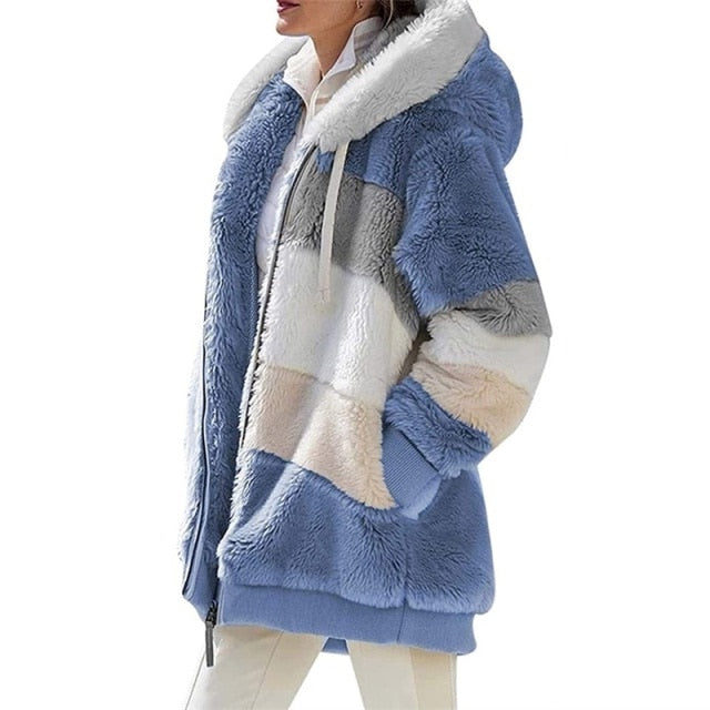 Women Warm Hooded Jacket Winter Zipper Casual Patchwork