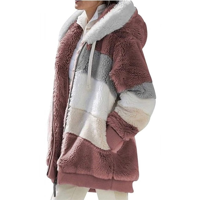 Women Warm Hooded Jacket Winter Zipper Casual Patchwork