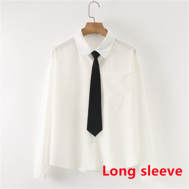 Women Summer Blouses Shirt Short Sleeve Solid White Tops With Tie