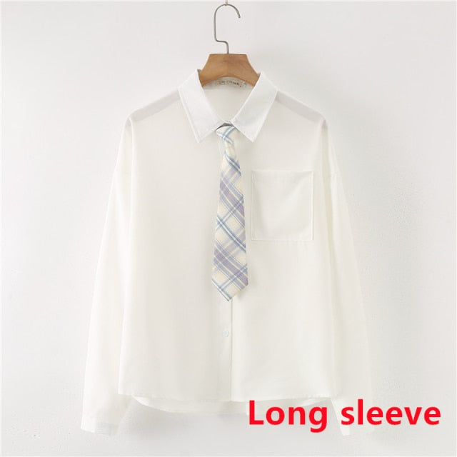 Women Summer Blouses Shirt Short Sleeve Solid White Tops With Tie