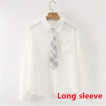 Women Summer Blouses Shirt Short Sleeve Solid White Tops With Tie