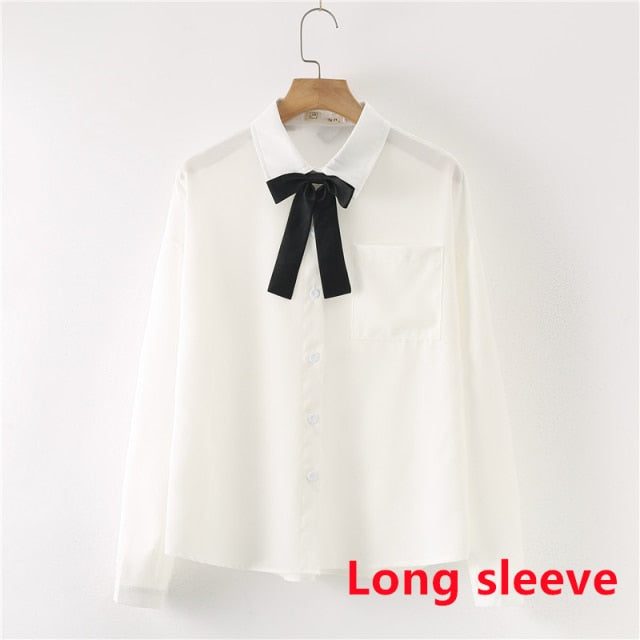 Women Summer Blouses Shirt Short Sleeve Solid White Tops With Tie