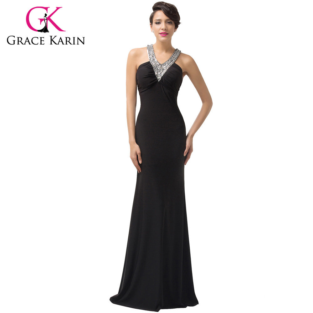 Grace Karin Sexy Backless Elegant Black Evening Dresses Beaded Sequins Long Women - Shopy Max