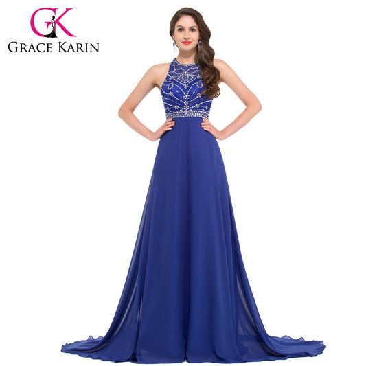 In Stock Chiffon Royal Blue Long Evening Dresses Vestido Festa Bandage Backless Sparkly