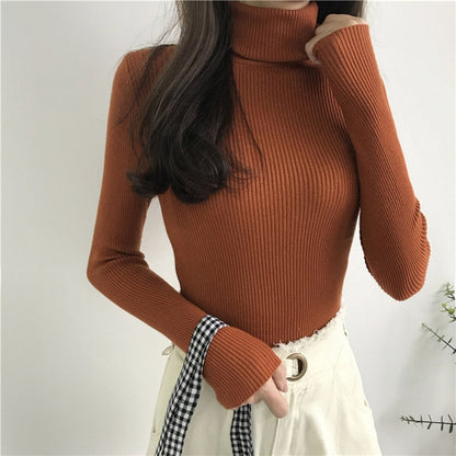 2021 Autumn Winter Thick Sweater Women Knitted Ribbed Pullover Sweater Long Sleeve Turtleneck Slim Jumper Soft Warm Pull Femme