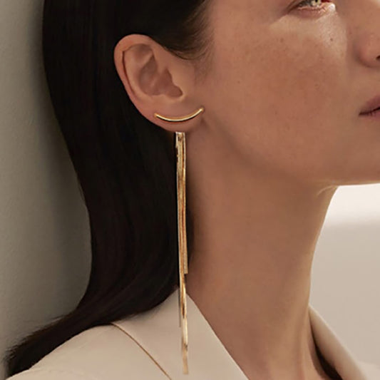 Korean Vintage Glossy Arc Bar Long Thread Tassel Drop Earrings for Women