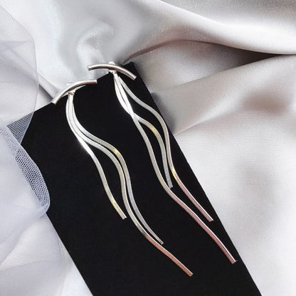 Korean Vintage Glossy Arc Bar Long Thread Tassel Drop Earrings for Women