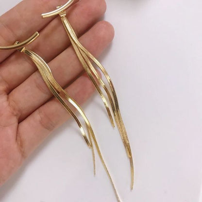 Korean Vintage Glossy Arc Bar Long Thread Tassel Drop Earrings for Women
