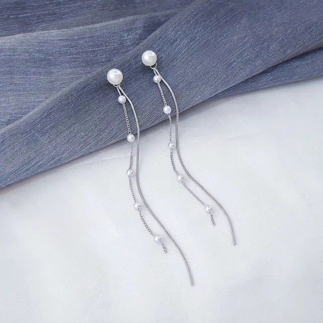 Korean Vintage Glossy Arc Bar Long Thread Tassel Drop Earrings for Women