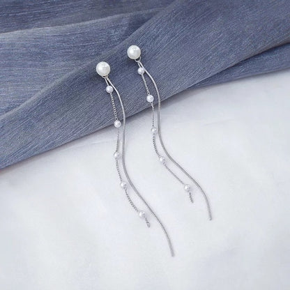 Korean Vintage Glossy Arc Bar Long Thread Tassel Drop Earrings for Women