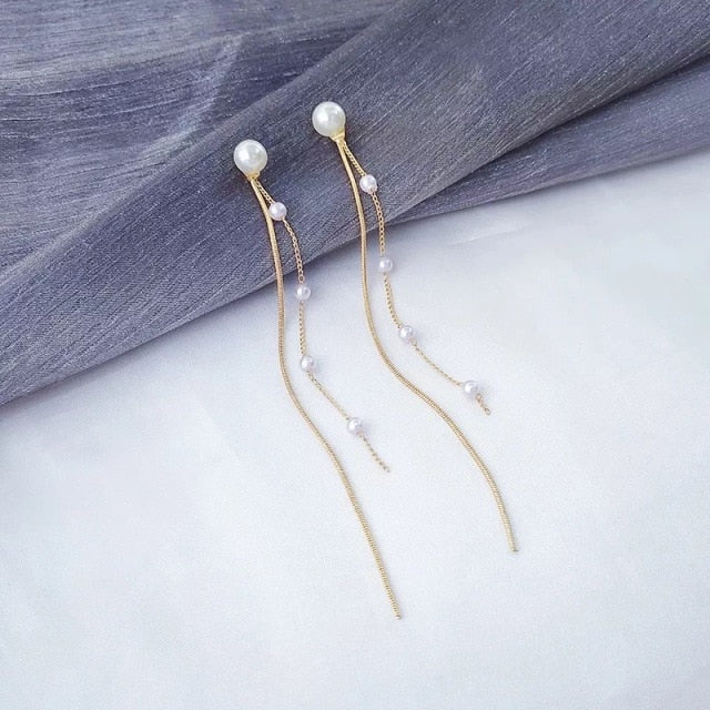 Korean Vintage Glossy Arc Bar Long Thread Tassel Drop Earrings for Women
