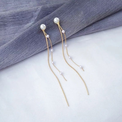 Korean Vintage Glossy Arc Bar Long Thread Tassel Drop Earrings for Women