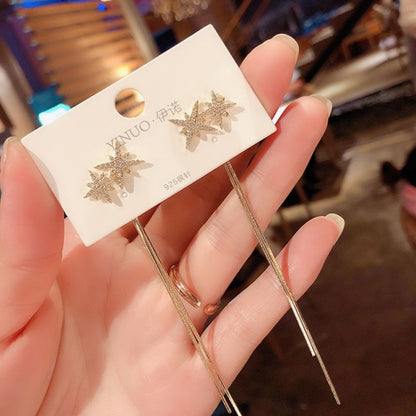 Korean Vintage Glossy Arc Bar Long Thread Tassel Drop Earrings for Women