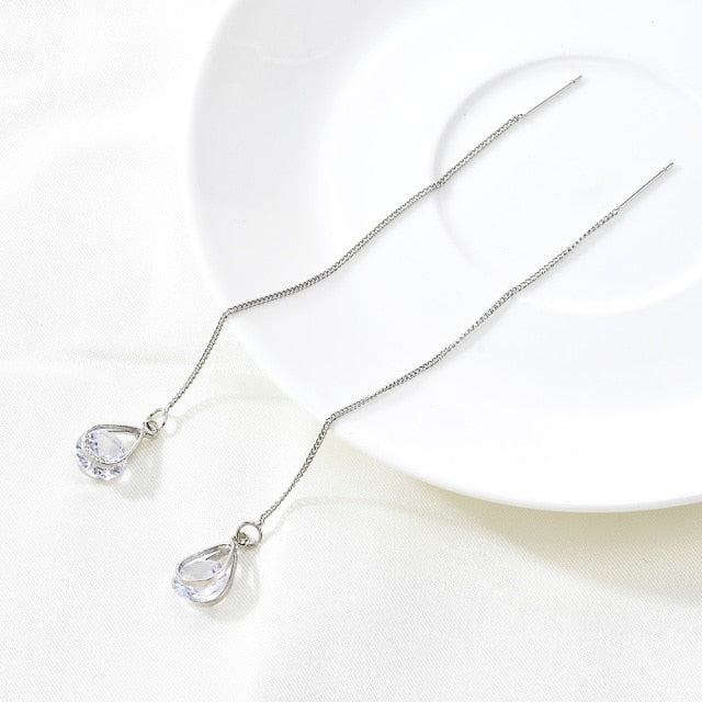Korean Vintage Glossy Arc Bar Long Thread Tassel Drop Earrings for Women