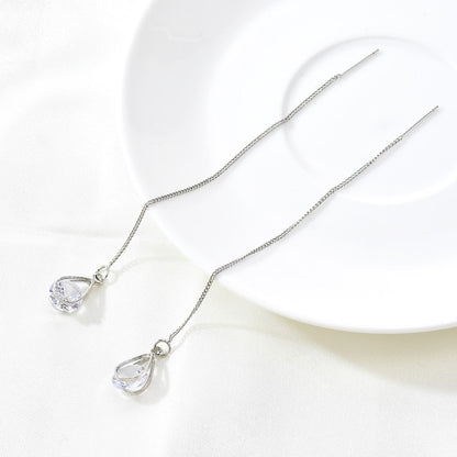 Korean Vintage Glossy Arc Bar Long Thread Tassel Drop Earrings for Women