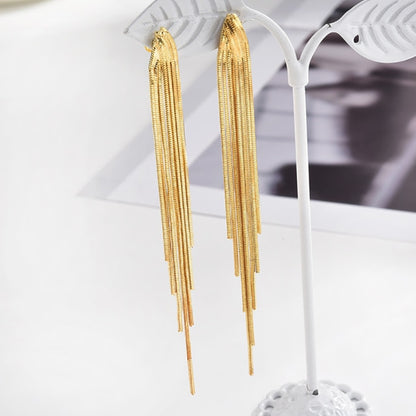 Korean Vintage Glossy Arc Bar Long Thread Tassel Drop Earrings for Women