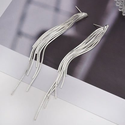 Korean Vintage Glossy Arc Bar Long Thread Tassel Drop Earrings for Women