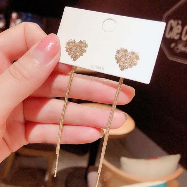 Korean Vintage Glossy Arc Bar Long Thread Tassel Drop Earrings for Women