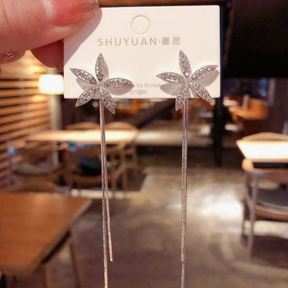Korean Vintage Glossy Arc Bar Long Thread Tassel Drop Earrings for Women
