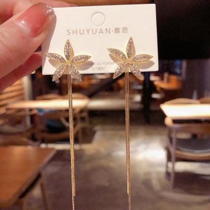 Korean Vintage Glossy Arc Bar Long Thread Tassel Drop Earrings for Women