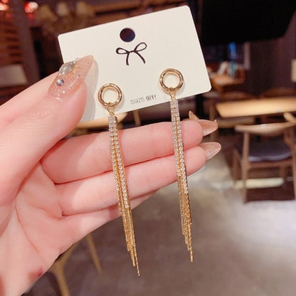 Korean Vintage Glossy Arc Bar Long Thread Tassel Drop Earrings for Women