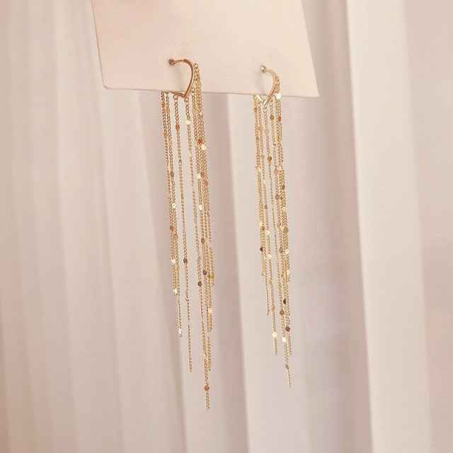 Korean Vintage Glossy Arc Bar Long Thread Tassel Drop Earrings for Women