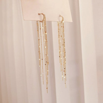 Korean Vintage Glossy Arc Bar Long Thread Tassel Drop Earrings for Women
