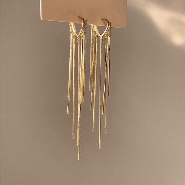 Korean Vintage Glossy Arc Bar Long Thread Tassel Drop Earrings for Women
