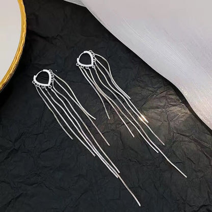 Korean Vintage Glossy Arc Bar Long Thread Tassel Drop Earrings for Women