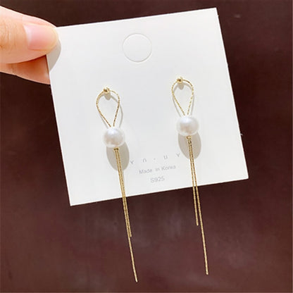 Korean Vintage Glossy Arc Bar Long Thread Tassel Drop Earrings for Women