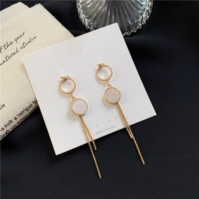 Korean Vintage Glossy Arc Bar Long Thread Tassel Drop Earrings for Women