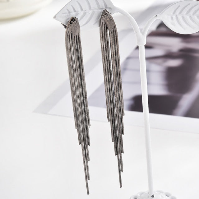 Korean Vintage Glossy Arc Bar Long Thread Tassel Drop Earrings for Women
