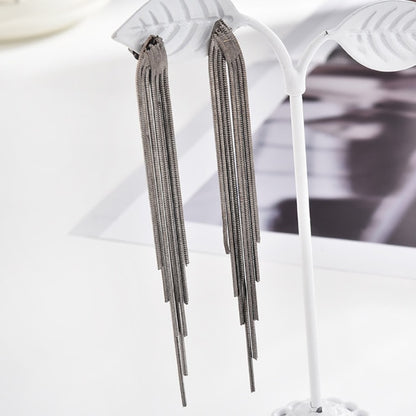 Korean Vintage Glossy Arc Bar Long Thread Tassel Drop Earrings for Women