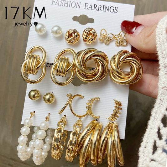 17KM Vintage Geometric Gold Metal Earrings Set For Women