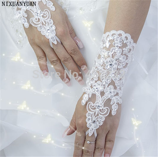 Elegant Beaded Lace Satin Short Bridal Gloves 2021 Fingerless Wedding Gloves White I