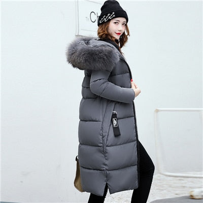 Women&#39;s Down Parkas Winter Jacket Coat Big Fur Collar Thick Slim