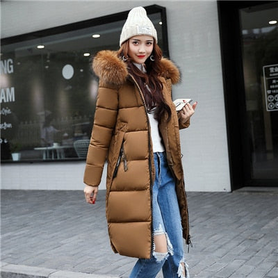 Women&#39;s Down Parkas Winter Jacket Coat Big Fur Collar Thick Slim