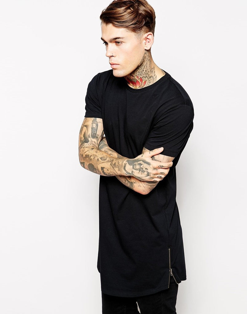 2017 Brand New Clothing Mens Black long t shirt Zipper Hip Hop Short Sleeve