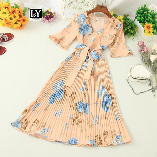 Ly Varey Lin Summer V Neck Flare Sleeve Chiffon Dress Women Vintage Floral Print