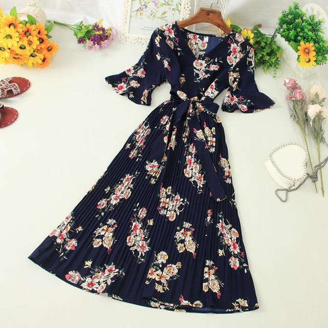 Ly Varey Lin Summer V Neck Flare Sleeve Chiffon Dress Women Vintage Floral Print