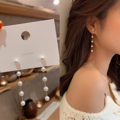 Korean Vintage Glossy Arc Bar Long Thread Tassel Drop Earrings for Women