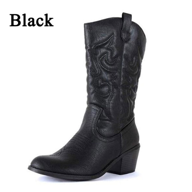 2022 Womens Cowboy Boots Bottine Femme Vintage Pointed Toe Mid Calf