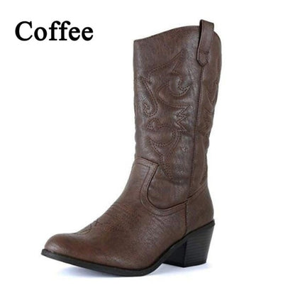 2022 Womens Cowboy Boots Bottine Femme Vintage Pointed Toe Mid Calf